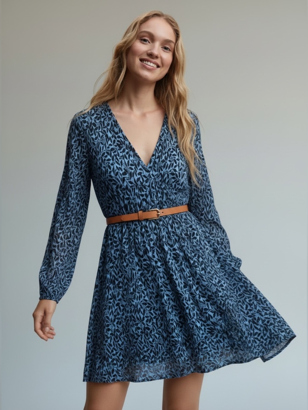 Mango Blue V-Neck Long Sleeve Dress
